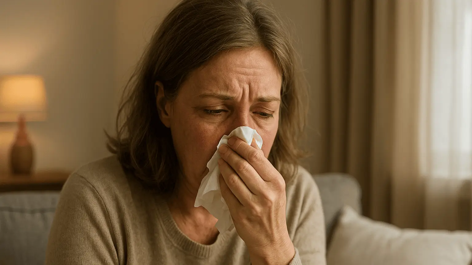 Dame avec la grippe qui se mouche
