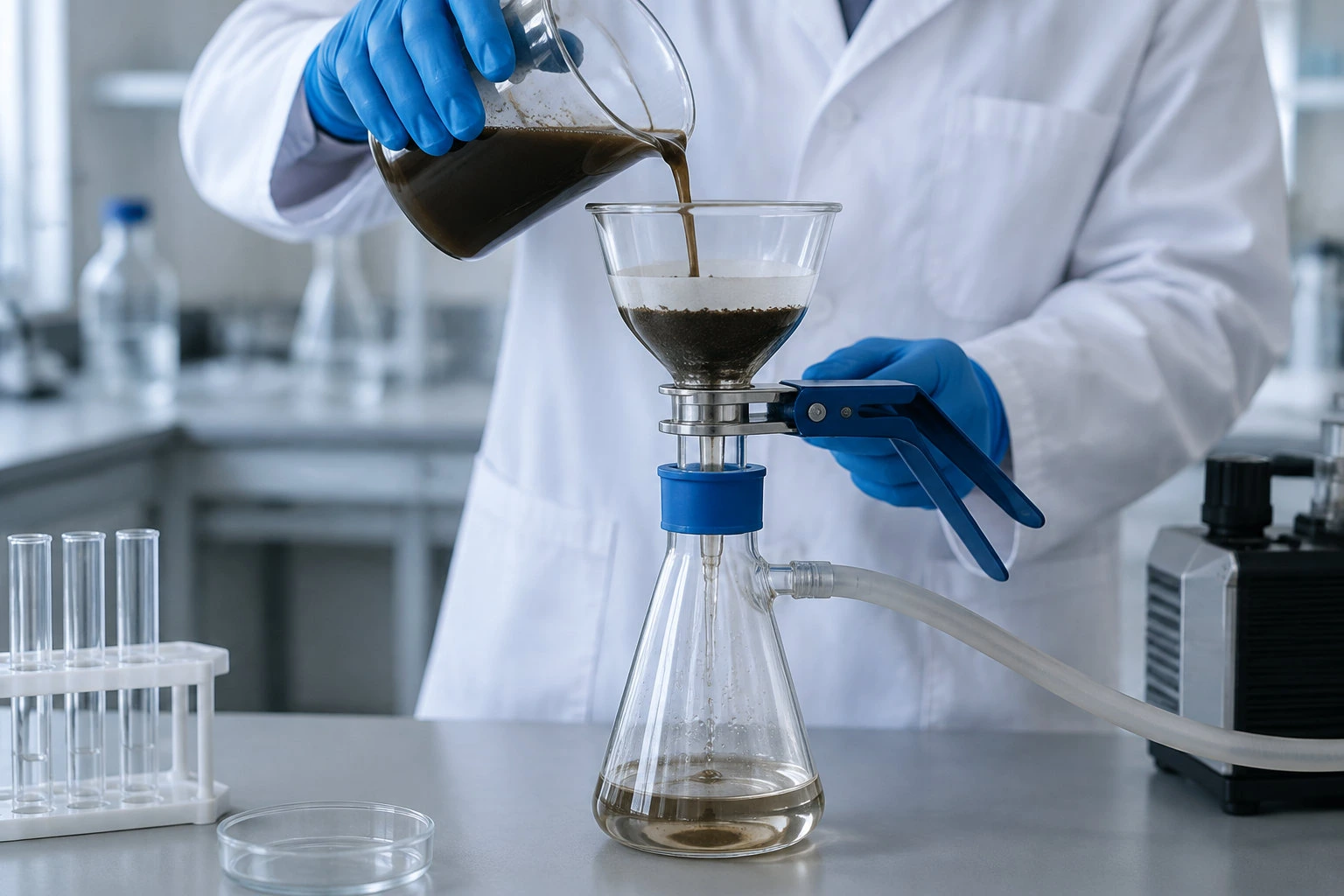 Une personne en blouse blanche et gants bleus verse un liquide sombre dans un entonnoir fixé à une fiole, sur une paillasse de laboratoire