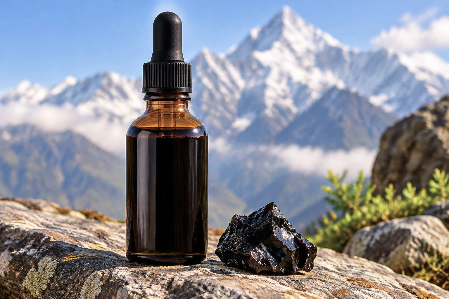 Un flacon ambré muni d'une pipette et un morceau de roche noire sont posés sur un rocher, devant des montagnes enneigées