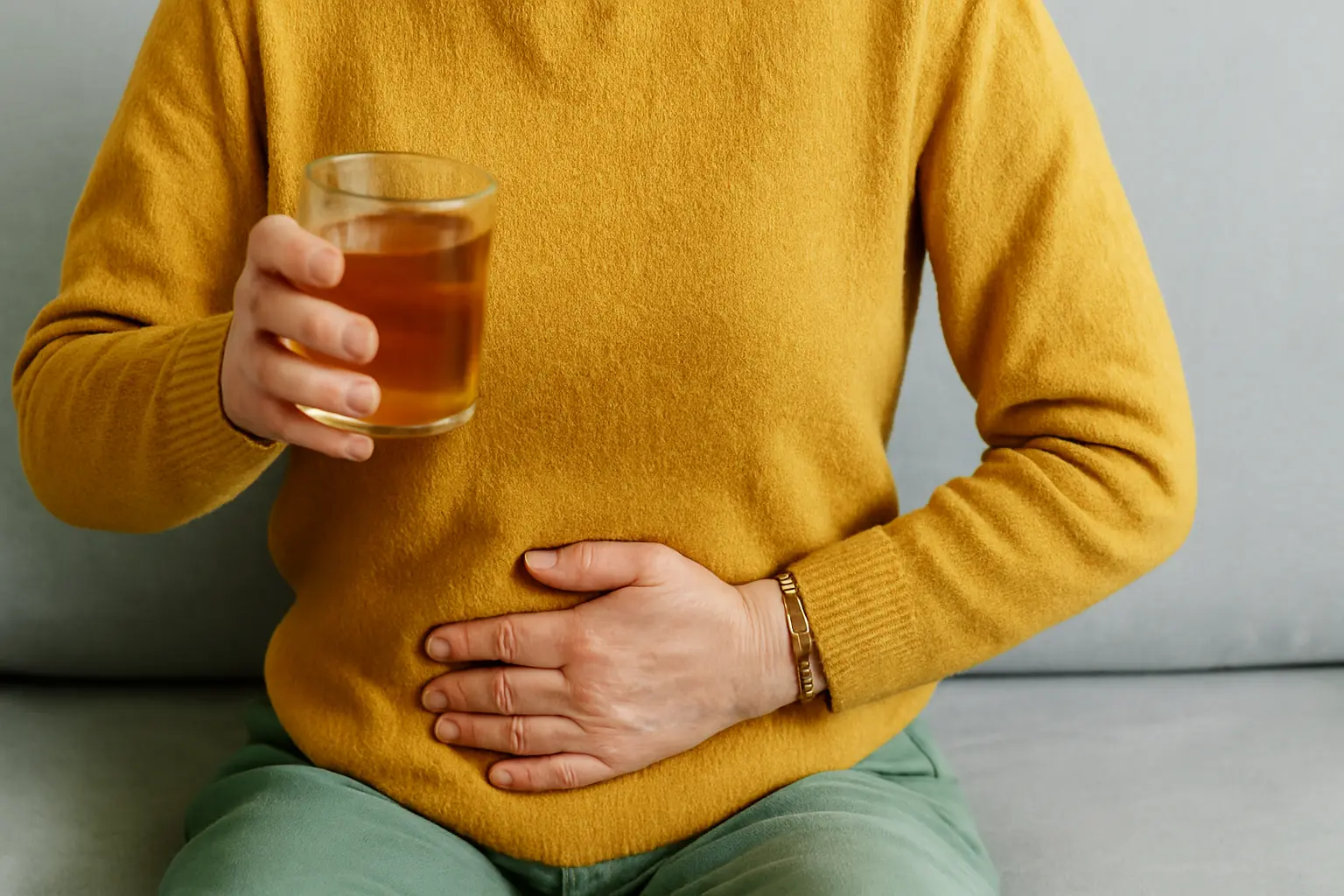 Un homme se tenant le ventre avec une tasse de Shilajit