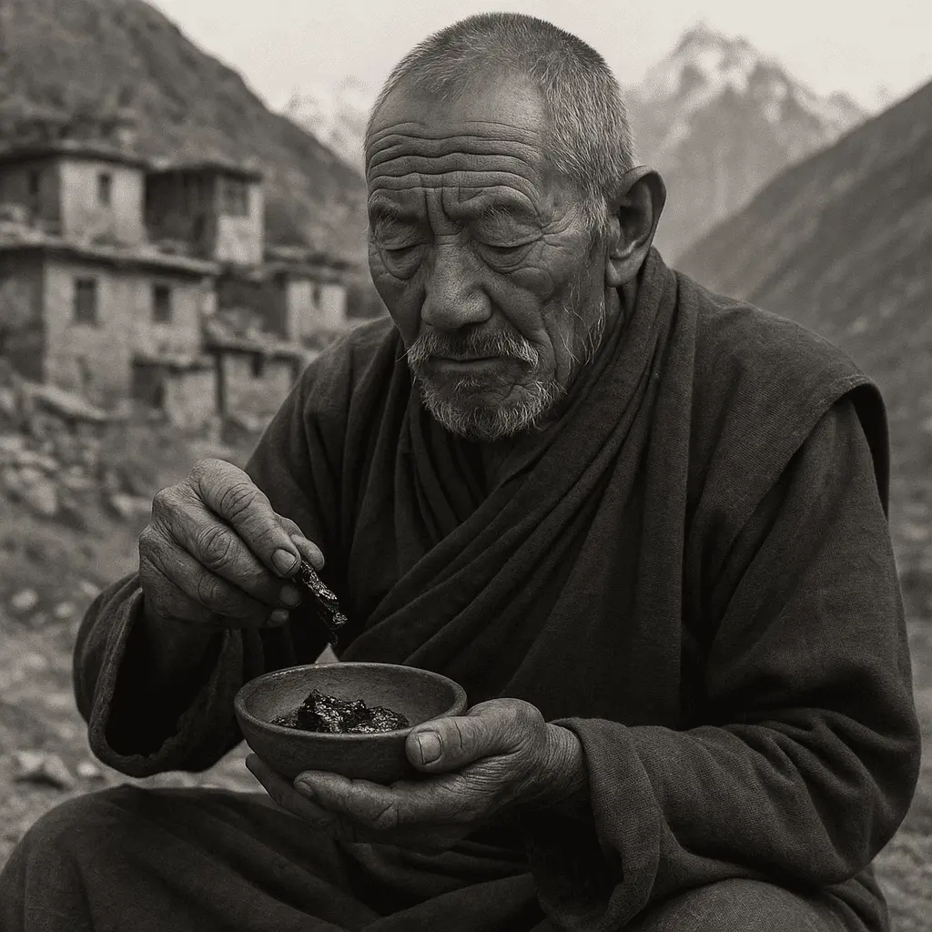 Moine tibétain manipule du shilajit