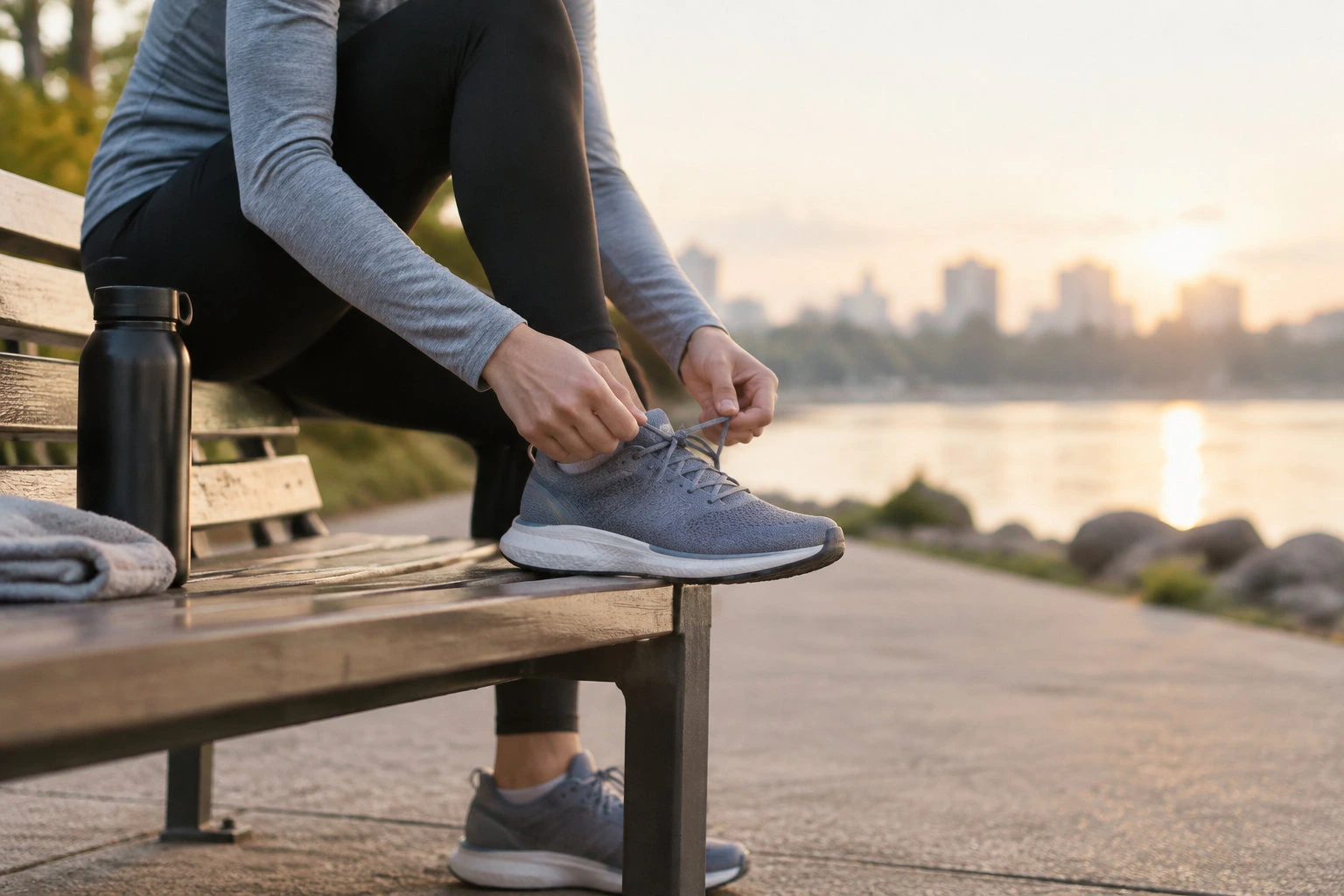 Une personne assise sur un banc lace ses chaussures de sport au bord de l'eau, près d'une gourde et d'une serviette, au coucher du soleil