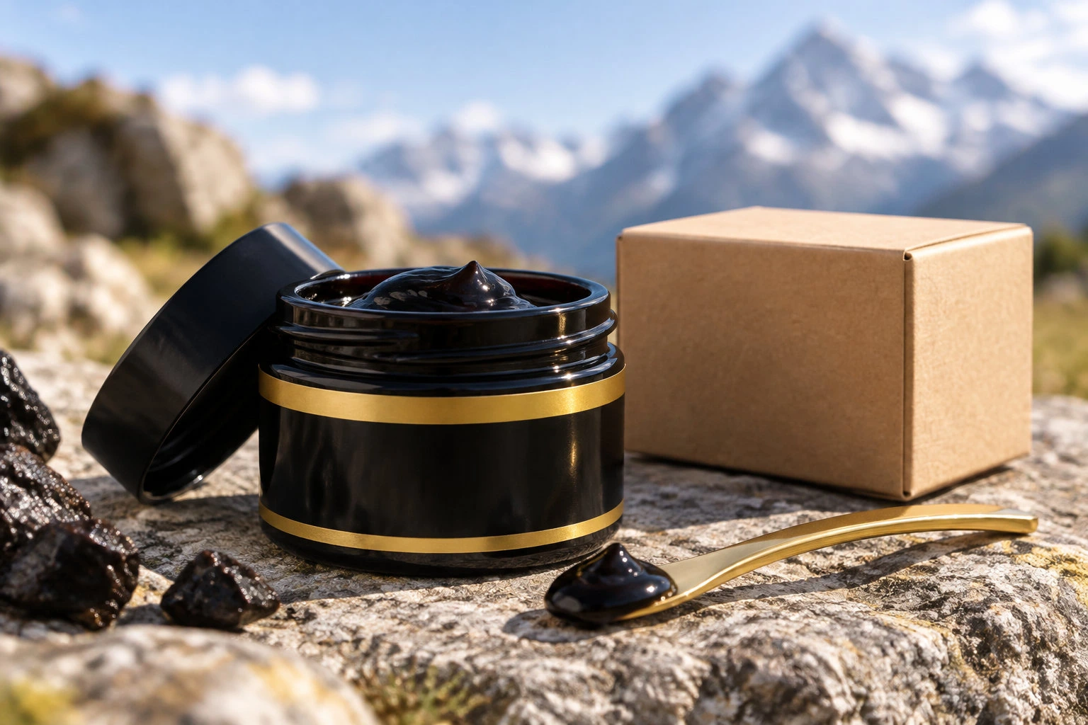 Un pot noir ouvert contenant une pâte sombre, accompagné de son couvercle, d'une cuillère dorée et d'une boîte en carton, est posé sur un rocher devant un paysage de montagnes