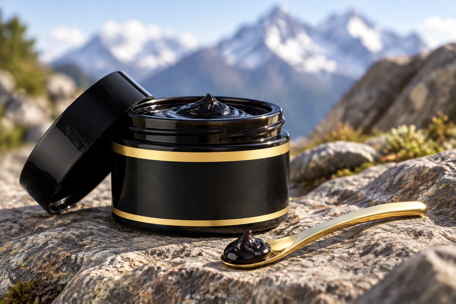 Un pot noir aux bandes dorées, ouvert et rempli d'une pâte sombre, se trouve sur un rocher près d'une cuillère dorée, avec des montagnes en arrière-plan