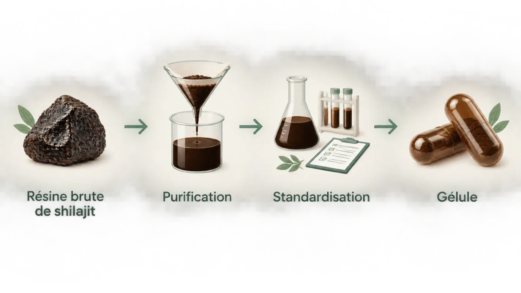 schéma résine brute → purification → standardisation → gélule