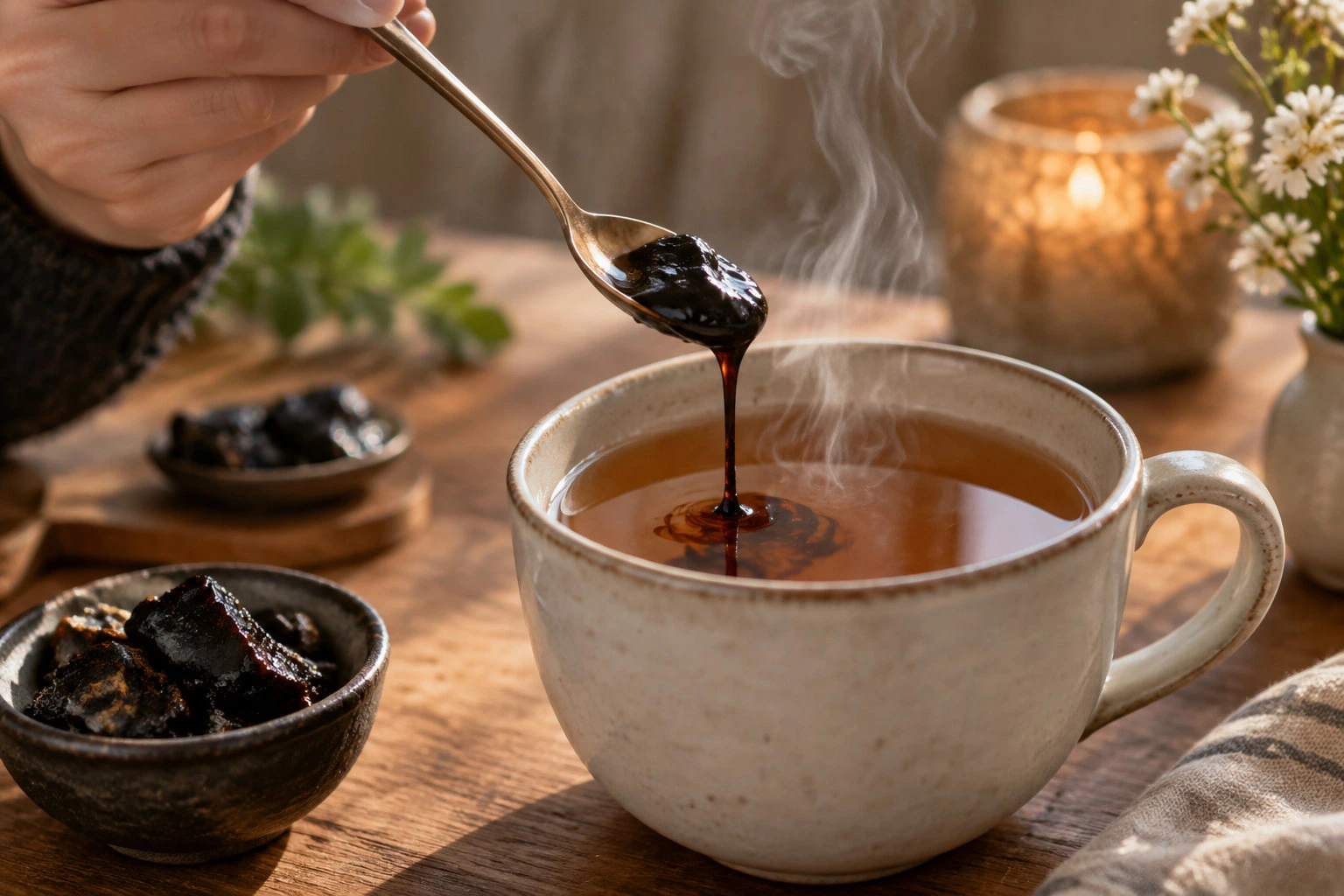 Une cuillère verse un liquide sombre dans une tasse fumante posée sur une table en bois, près de petits bols contenant des morceaux noirs