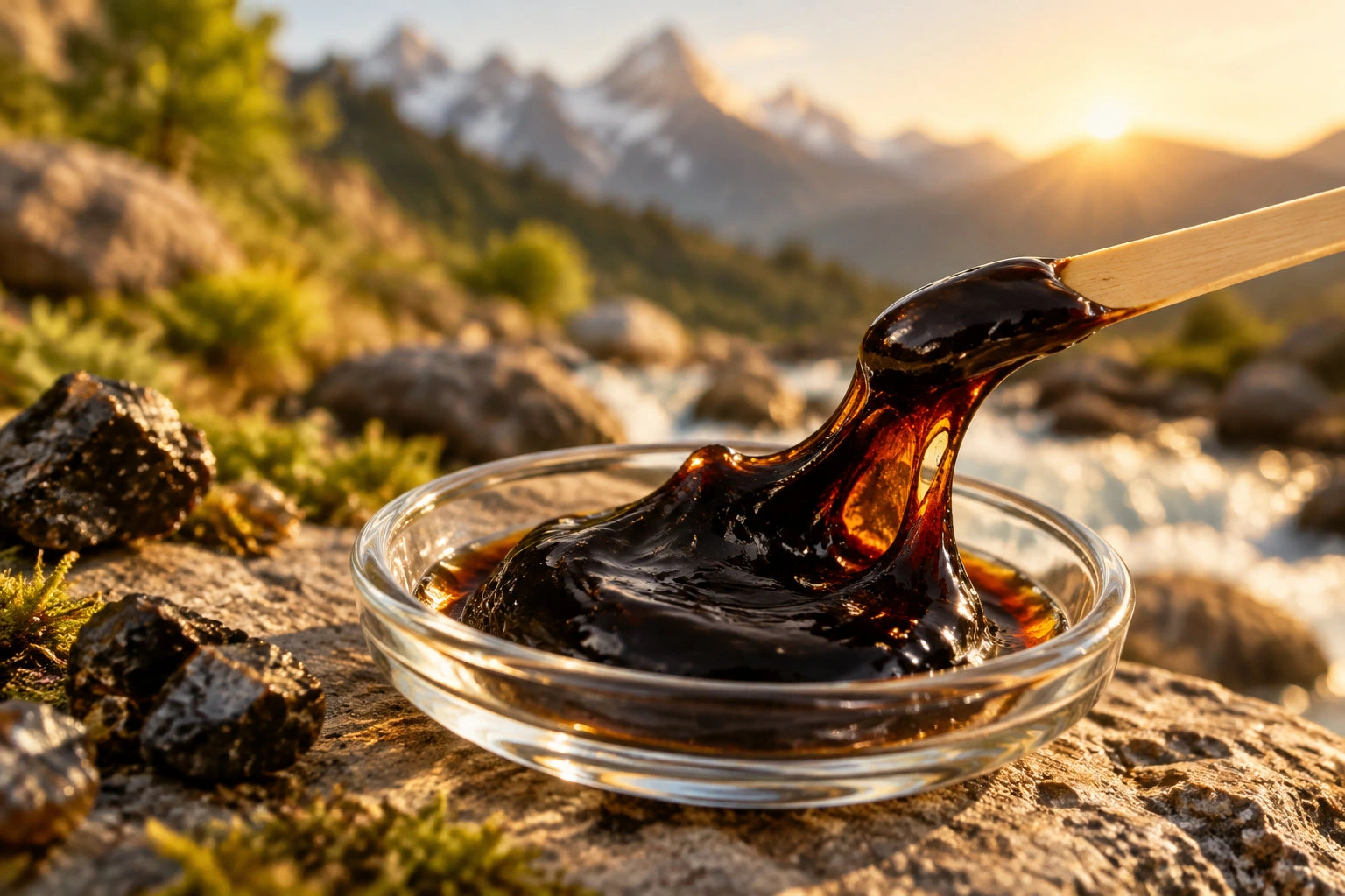 Une substance sombre et visqueuse est soulevée par une spatule en bois au-dessus d'un petit récipient en verre, sur un rocher face à des montagnes baignées par le soleil